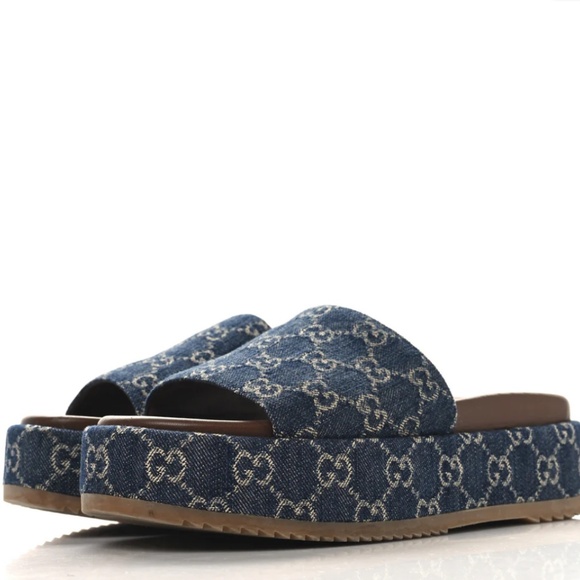 New Denim GG Monogram Angelina Platform 55mm Slide Sandals 40 Blue Tea - Picture 3 of 5